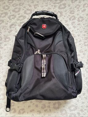 SwissGear Black Travel Backpack with Red Logo Accent